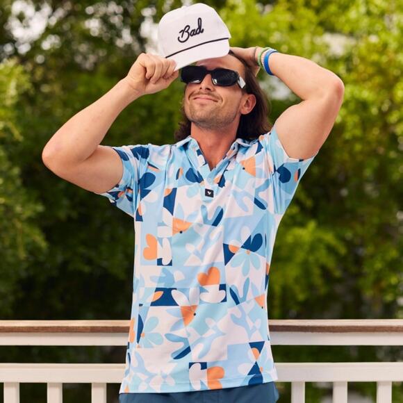 Bad Birdie Core Performance Polo Blue and Orange Floral Size Large - Picture 1 of 7